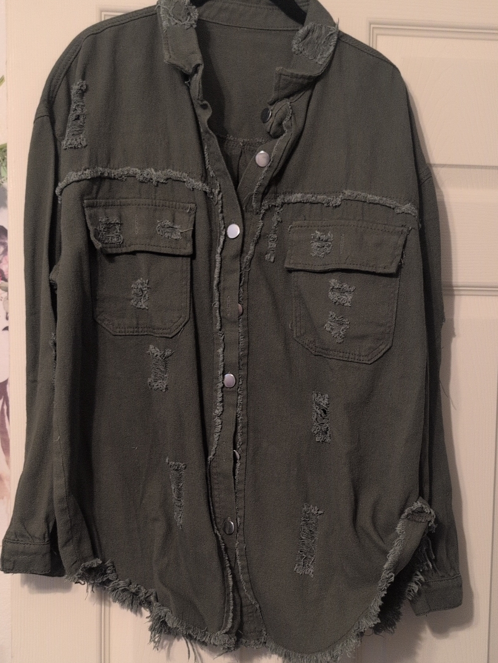 Distressed Olive Green  Button-Up Shirt Jacket